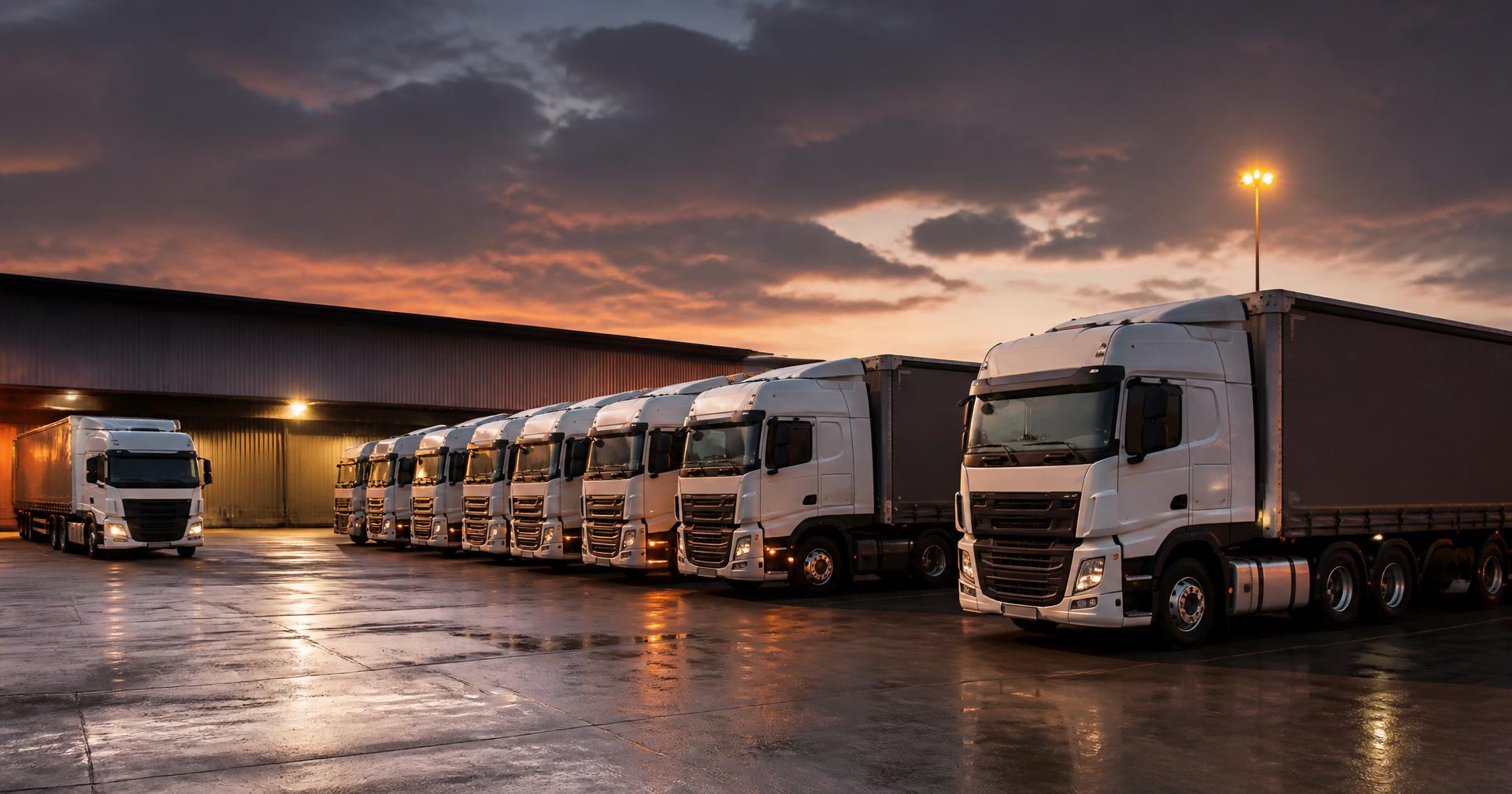 Fleet of superlink trucks at a South African logistics depot at dusk