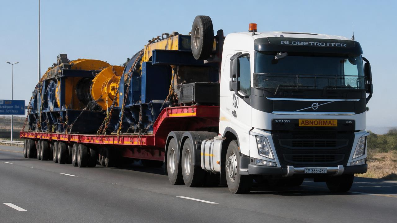 Flatdeck superlink truck carrying heavy industrial machinery