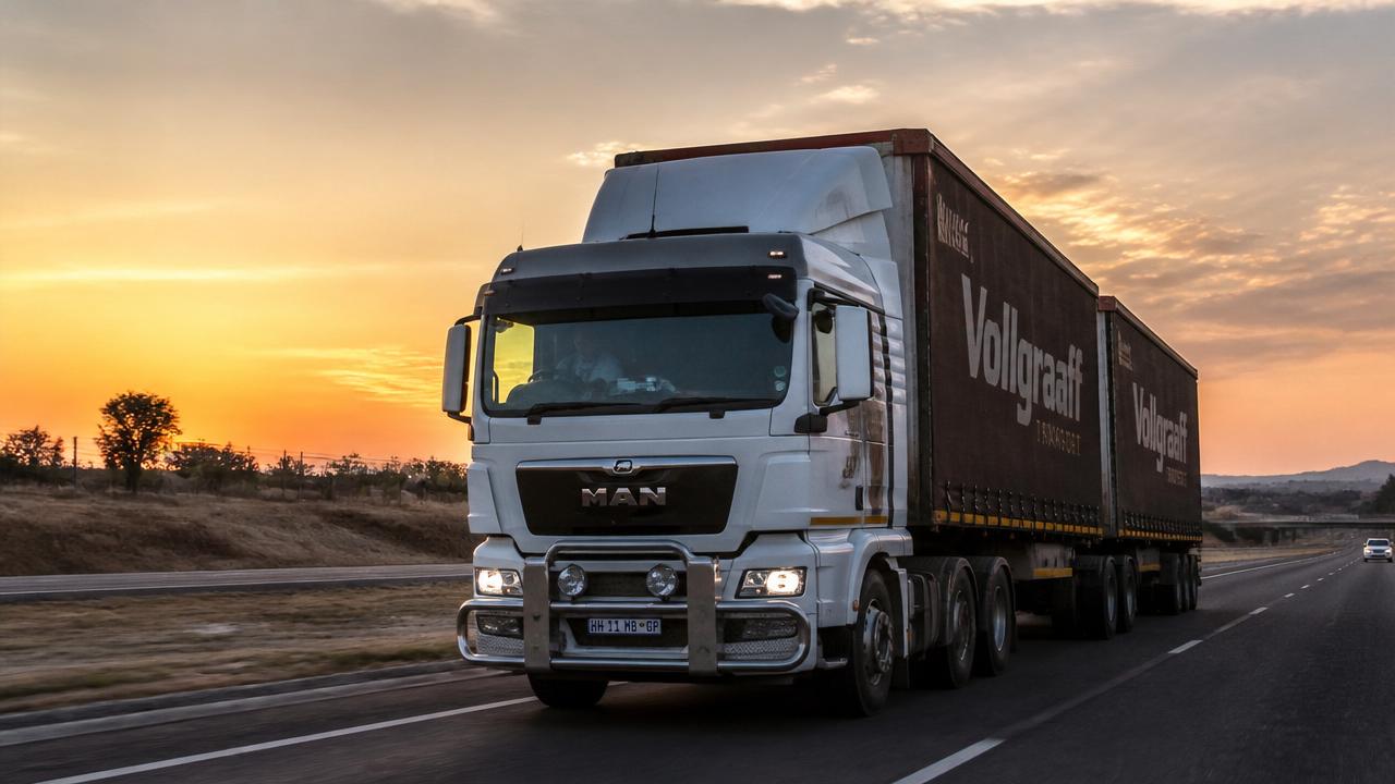 Heavy-duty linehaul truck on a South African highway at golden hour